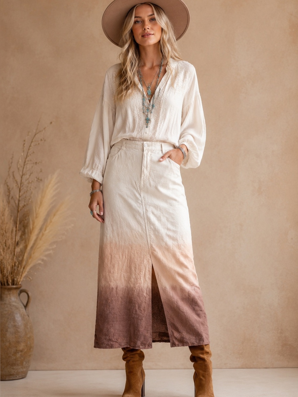0135. Women’s Cream Ombre Linen Maxi Skirt